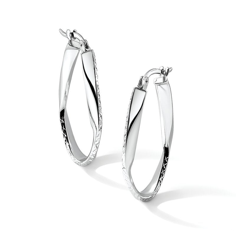 10K White Gold Polished and D/C Oval Hoop Earrings