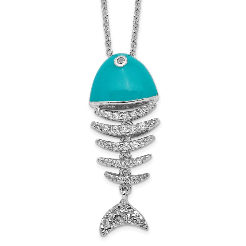 Sterling Silver Rhodium-plated Enameled Brilliant-cut CZ Fish 18 Inch Necklace