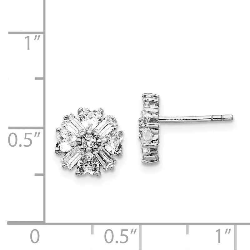 Sterling Silver Rhodium-plated Emerald-cut and Brilliant-cut CZ Cluster Post Earrings