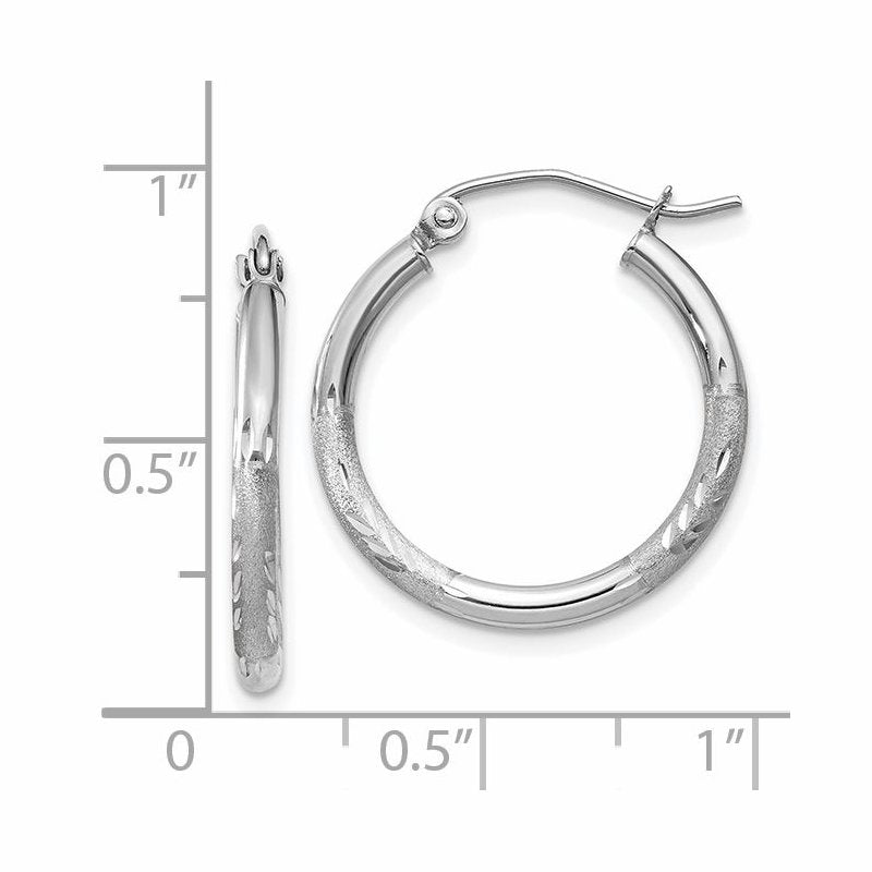 14k White Gold Satin and Diamond-cut 2mm Round Hoop Earrings