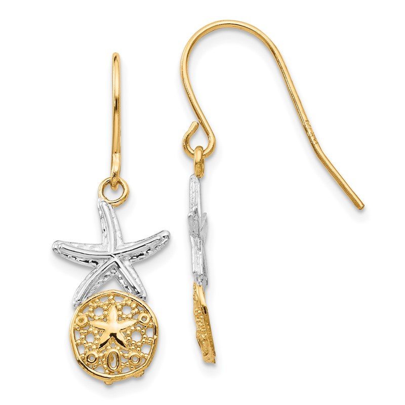 14k &amp; Rhodium Starfish w/Sand Dollar Shepherd Hook Earrings