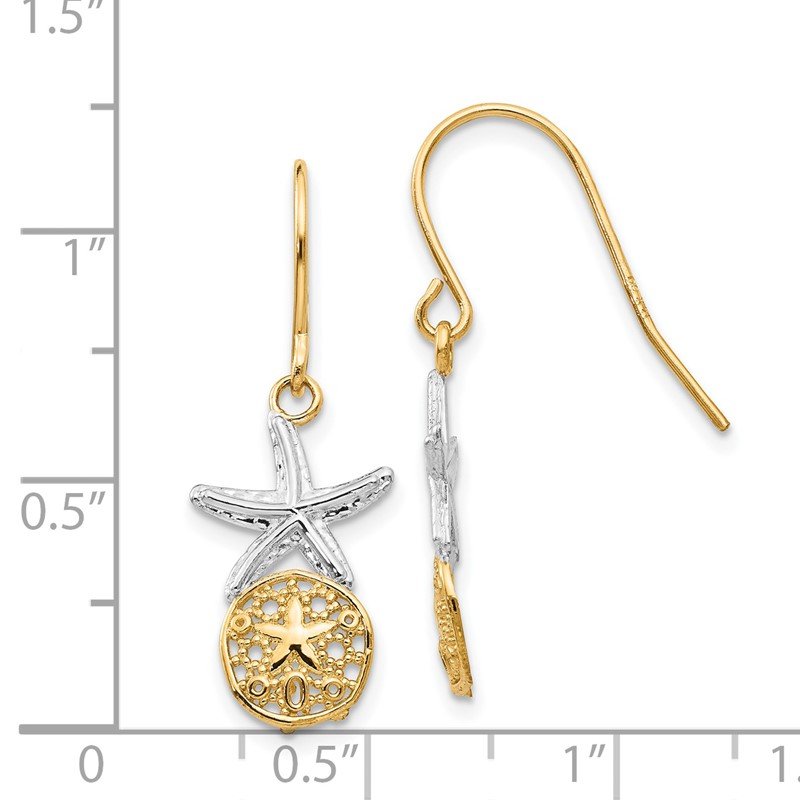 14k &amp; Rhodium Starfish w/Sand Dollar Shepherd Hook Earrings