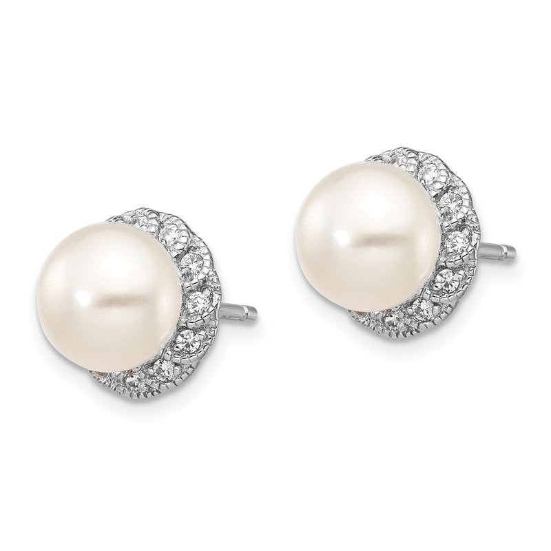 Sterling Silver Rhodium-plated White Freshwater Cultured Pearl and Brilliant-cut CZ Post Earrings