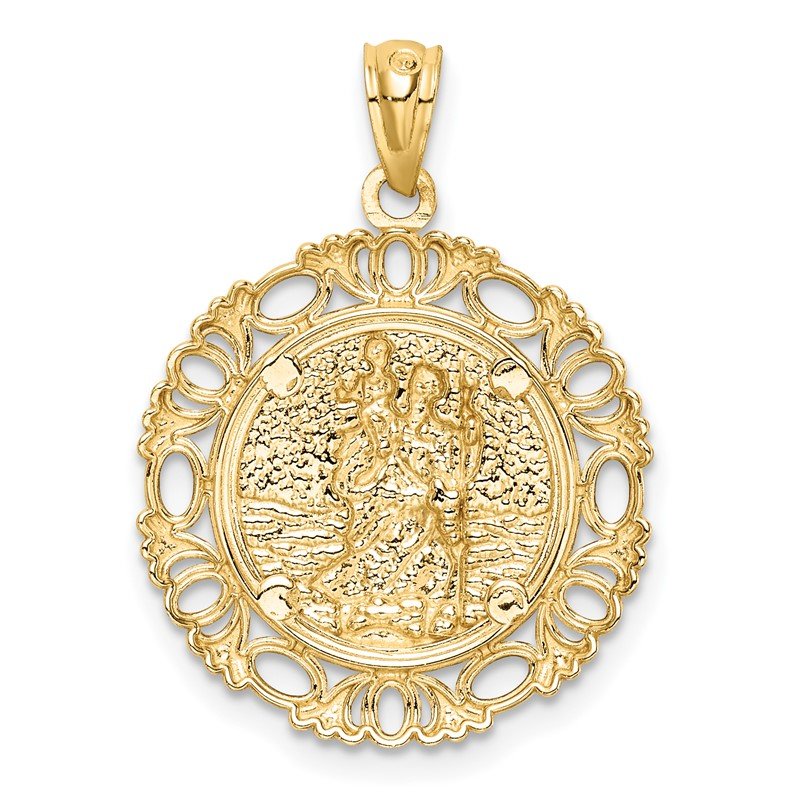 14K and White Rhodium Solid St. Christopher Medal Fancy Edge Round Pendant