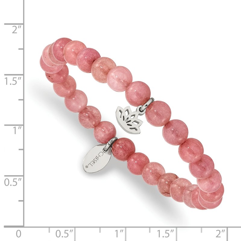 Stainless Steel Polished Lotus 6mm Pink Jade Beaded Stretch Bracelet