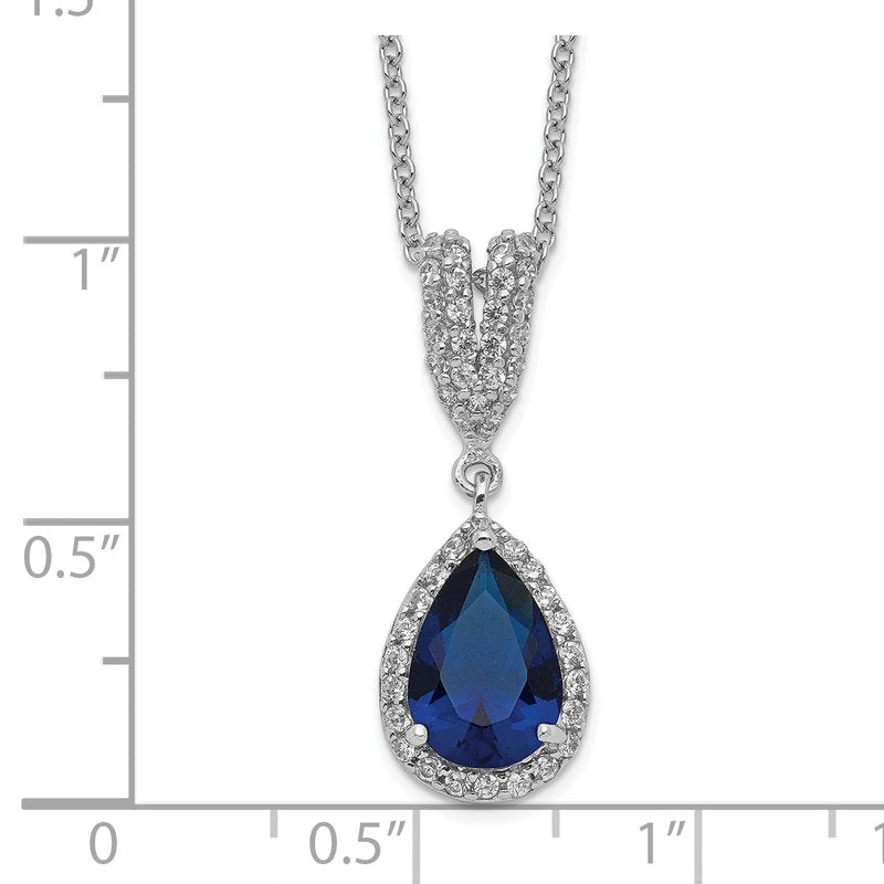 Sterling Silver Rhodium-plated Brilliant-cut Lab Created Dark Blue Spinel and Brilliant-cut White CZ Teardrop Halo 18 Inch Necklace