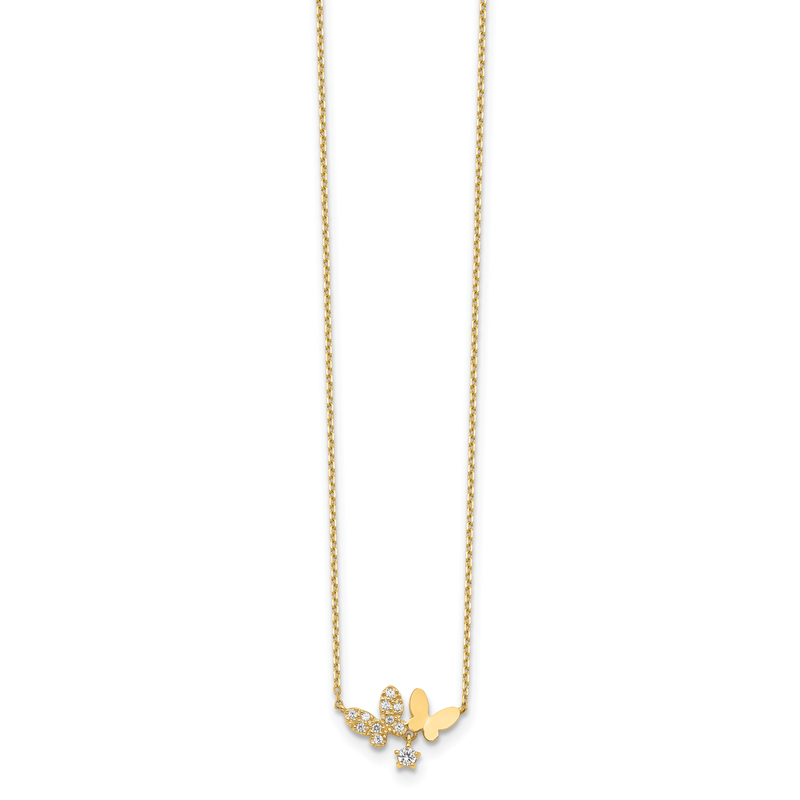 14K Polished CZ Butterflies and Star 18 inch Necklace Plus 2 inch Extender