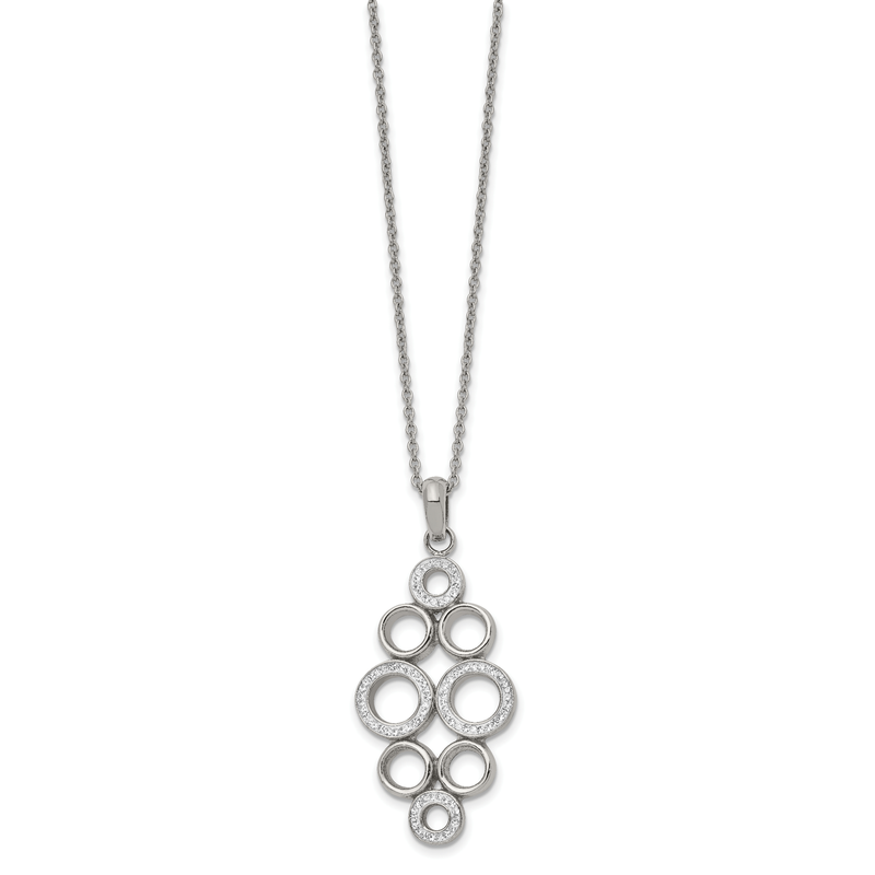 Stainless Steel Polished Preciosa Crystal Circles Pendant on a 16 inch Cable Chain with a 2 inch Extension Necklace