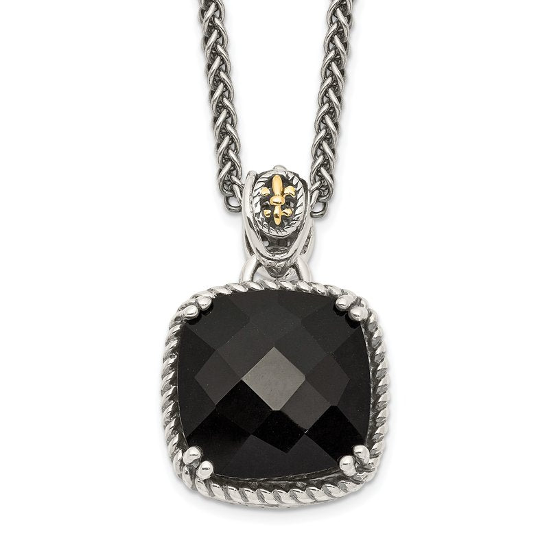 Sterling Silver with 14K Accent 18 Inch Antiqued Checkerboard-cut Black Onyx Necklace