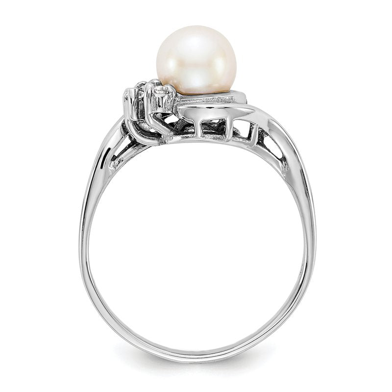14k White Gold 6mm FW Cultured Pearl AA Diamond Ring