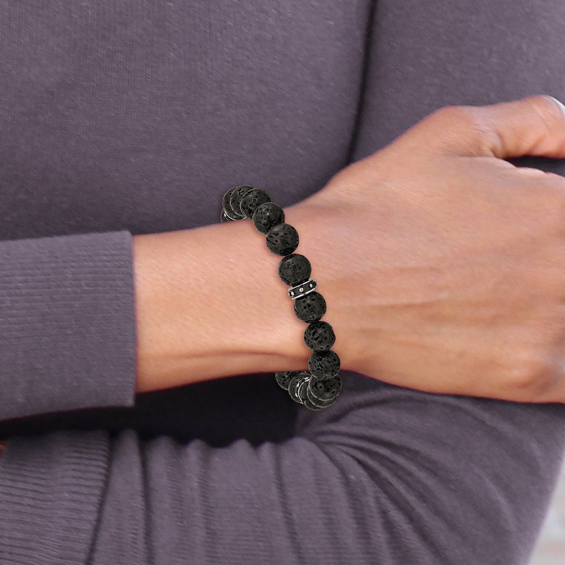 Stainless Steel Polished Black Enamel 10.5mm Lava Stone Beaded Stretch Bracelet