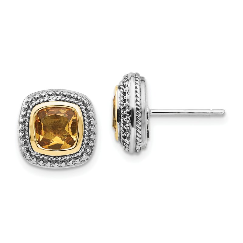 Sterling Silver with 14K Accent Antiqued Cushion Bezel Citrine Post Earrings