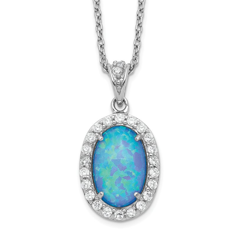 Sterling Silver Rhodium-plated Cabochon Lab Created Blue Opal and Brilliant-cut CZ Oval 18.5 Inch Necklace