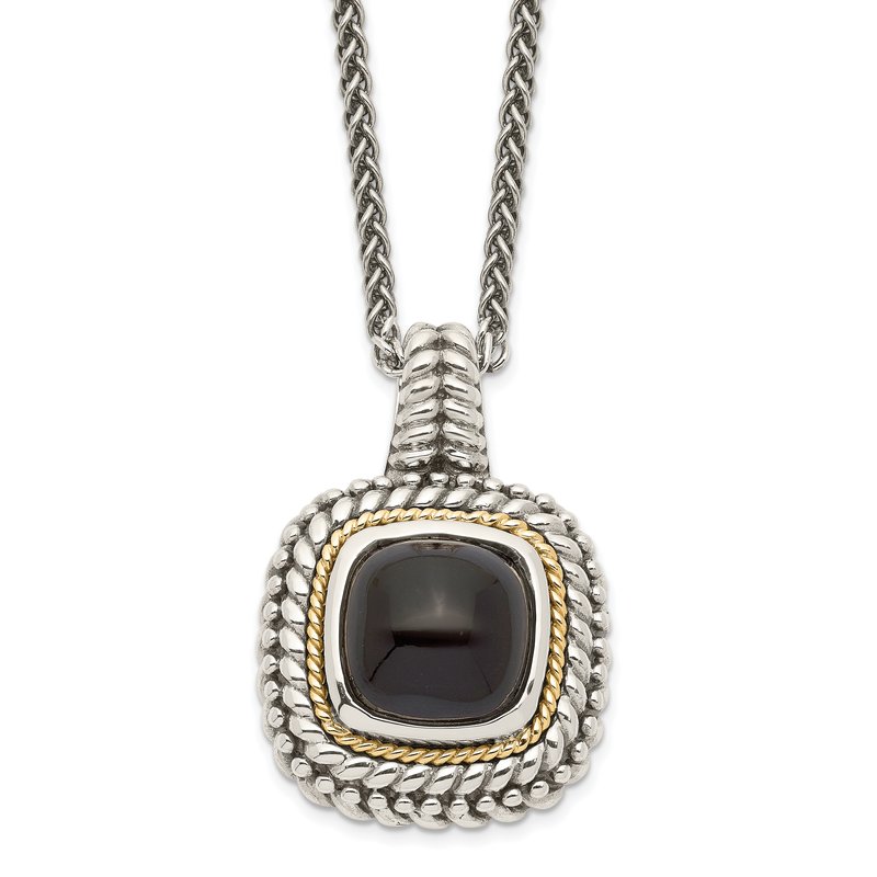 Sterling Silver with 14K Accent 18 Inch Antiqued Cabochon Black Onyx Necklace