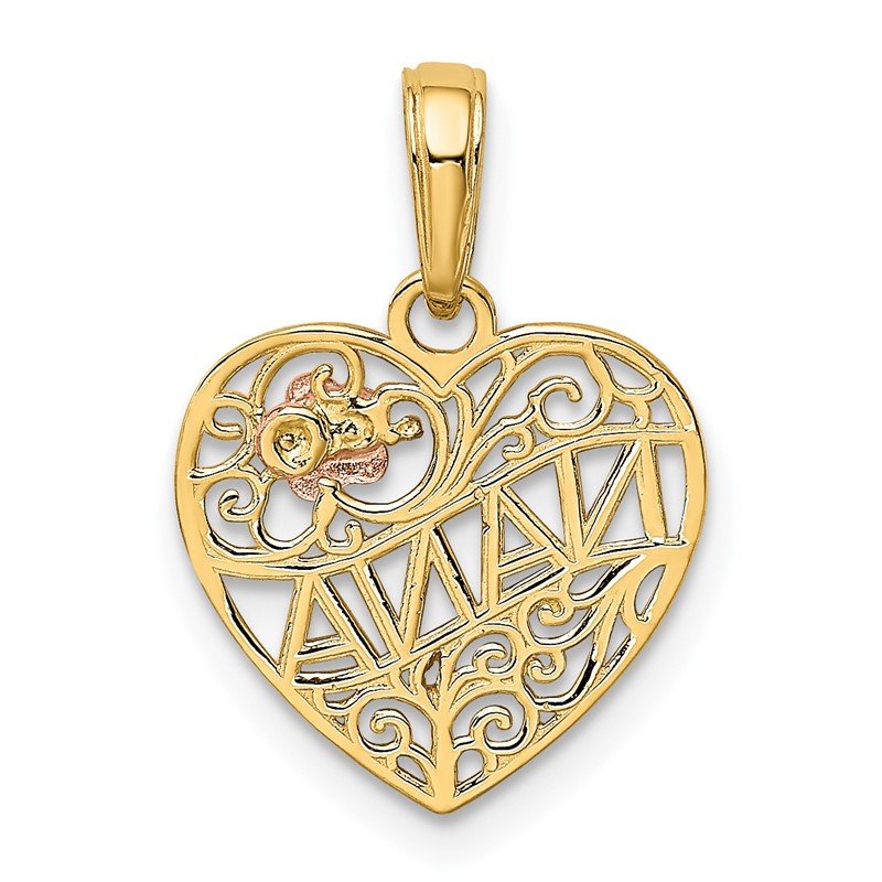 14K Two-tone Polished NANA with Flower on Heart Pendant