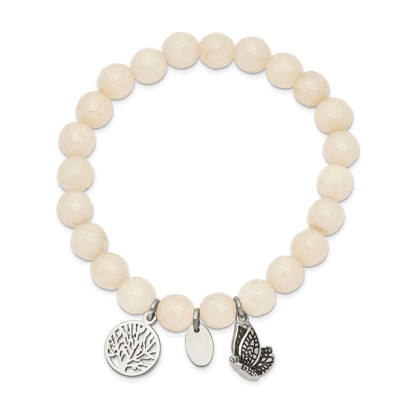 Stainless Steel Antiqued and Polished Butterfly and Tree of Life 8mm White Jade Beaded Stretch Bracelet