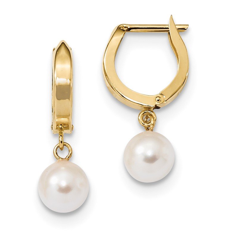 14k 6-7mm White Round Akoya Saltwater Cultured Pearl Dangle Hinged Hoop Earrings