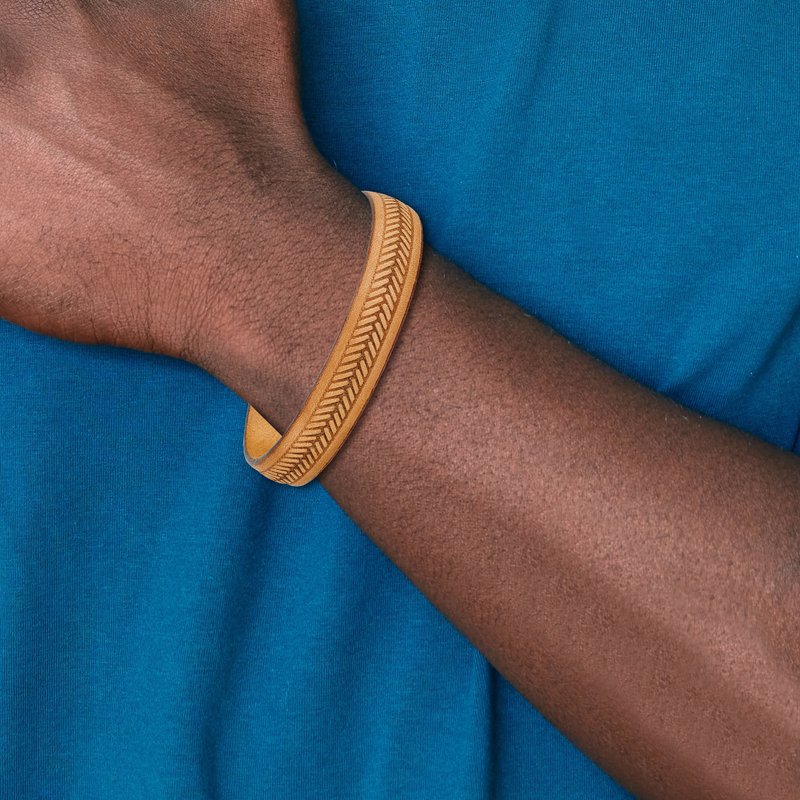 Stainless Steel Polished Textured Tan Italian Leather 8.75 inch Bracelet