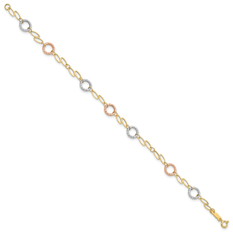 14k Tri-color Polished and Textured Round Circles and Ovals 18 inch Necklace