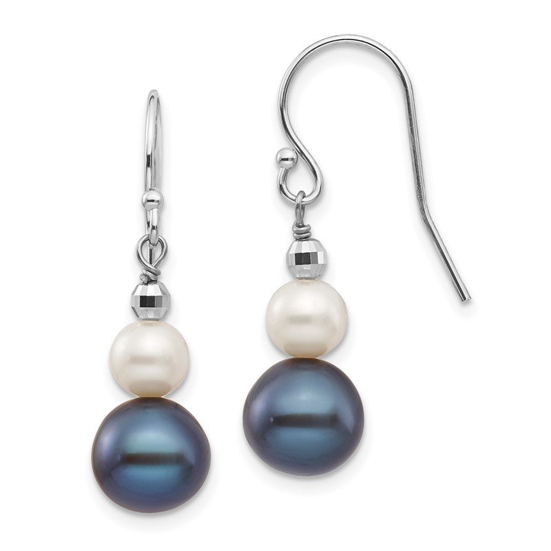 14k White Gold 6-9mm Black and White Semi-round Freshwater Cultured Pearl Graduated Dangle Earrings