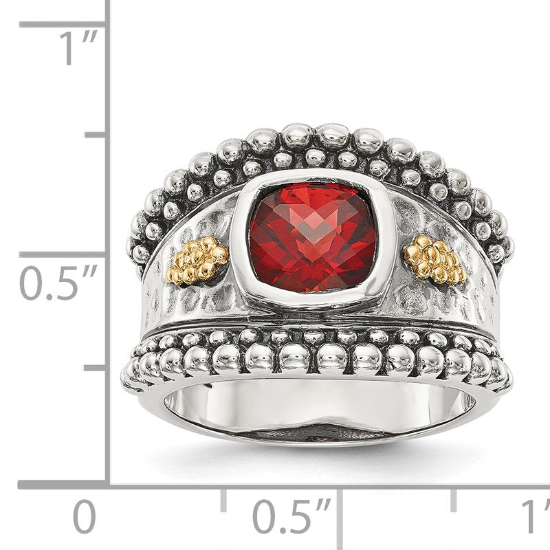 Sterling Silver with 14K Accent Antiqued Cushion Bezel Garnet Ring