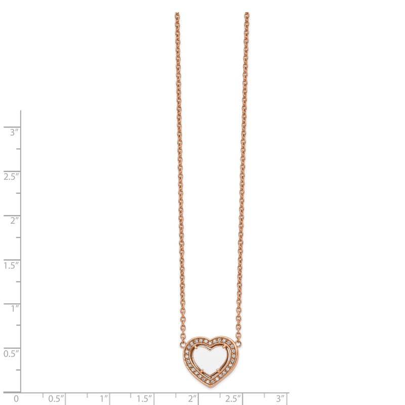 Stainless Steel Polished Rose IP-plated White Enamel with CZ Heart on a 19 inch Cable Chain with a 2 inch Extension Necklace