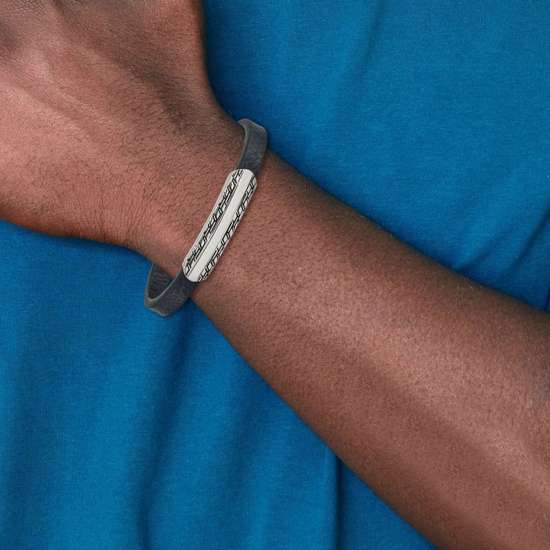 Stainless Steel Antiqued and Polished Navy Blue Leather 8.25 inch Bracelet