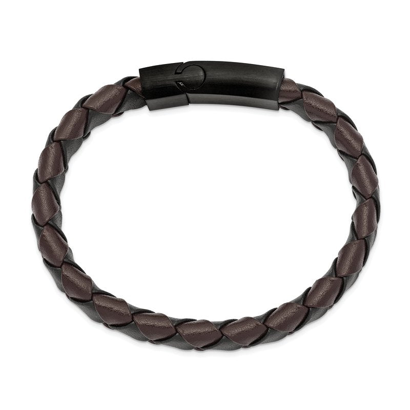 Stainless Steel Brushed Black IP-plated Black and Brown Leather 8.25 inch Bracelet