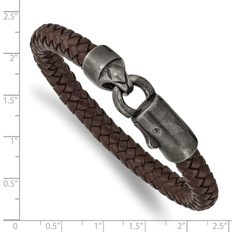 Stainless Steel Antiqued White Bronze-plated Brown Braided Leather 8.25 inch Bracelet