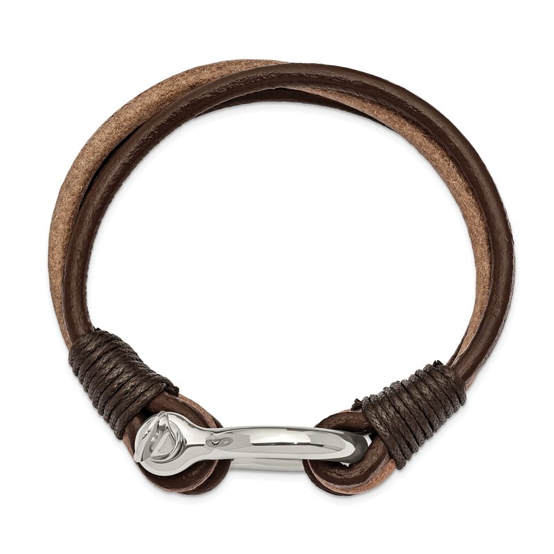 Stainless Steel Polished Shackle Multi Strand Dark Brown and Tan Leather 8.25 inch Bracelet