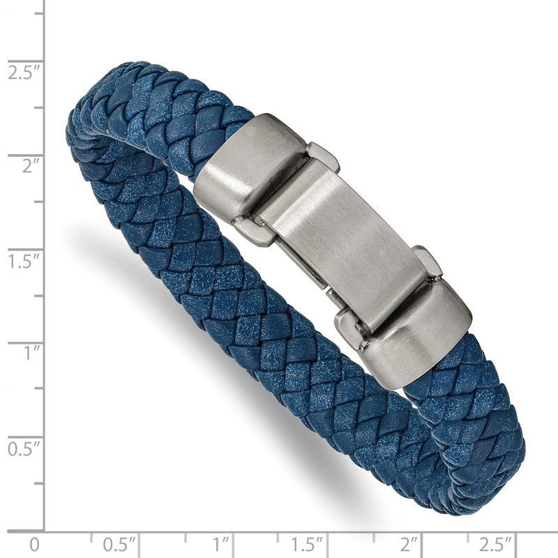 Stainless Steel Brushed Blue Leather 8.25 inch Bracelet