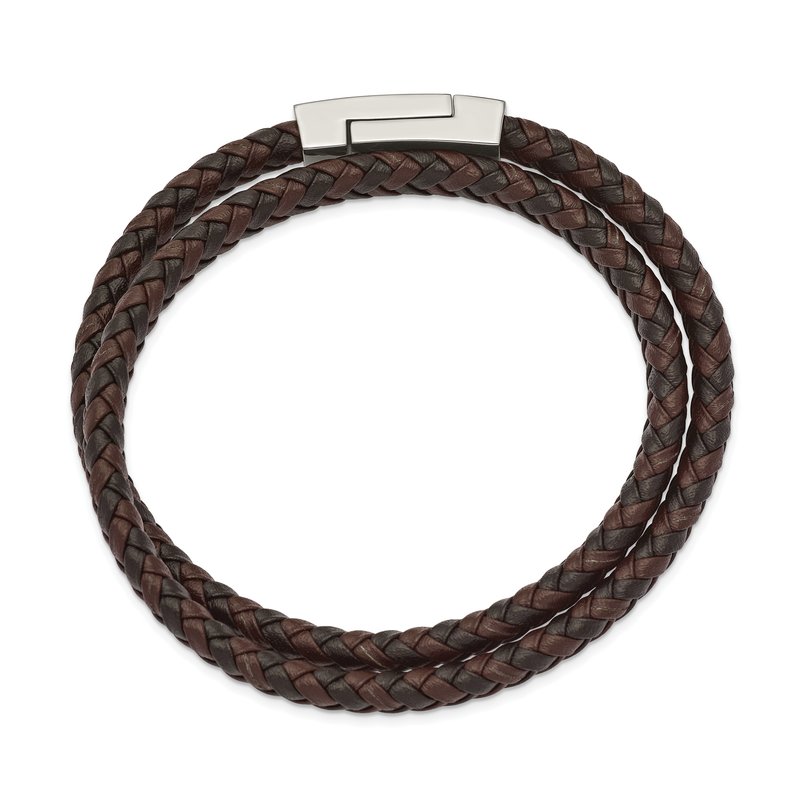 Stainless Steel Polished Black and Brown Braided Leather 15.75 inch Wrap Bracelet