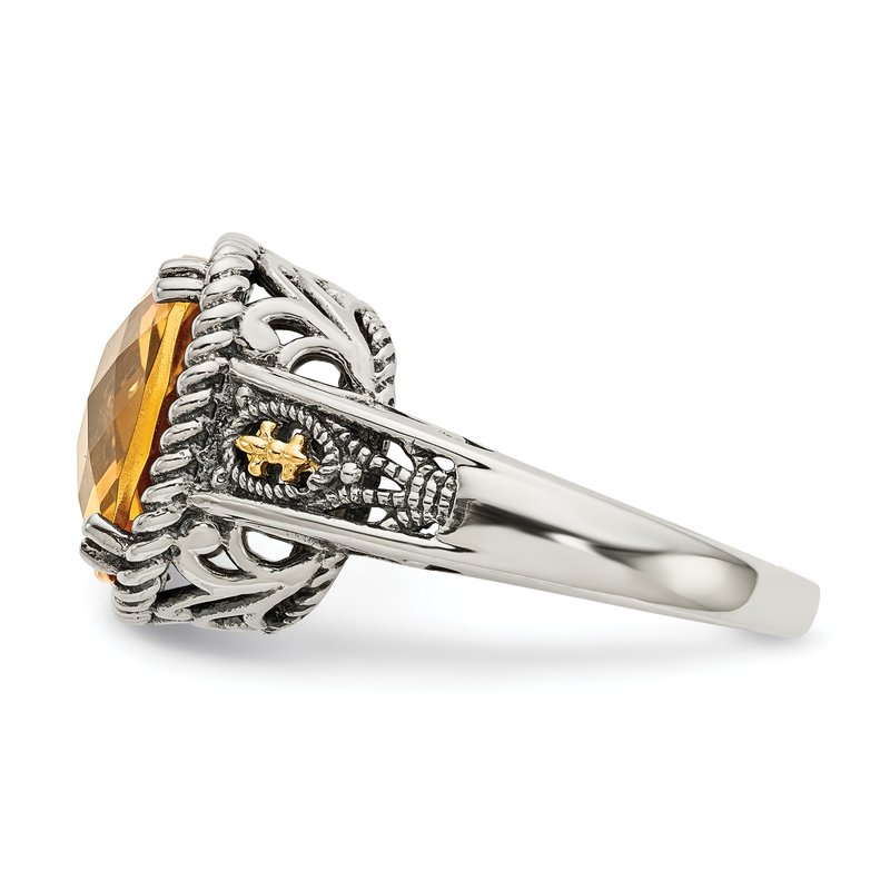 Sterling Silver with 14K Accent Antiqued Cushion Citrine Ring