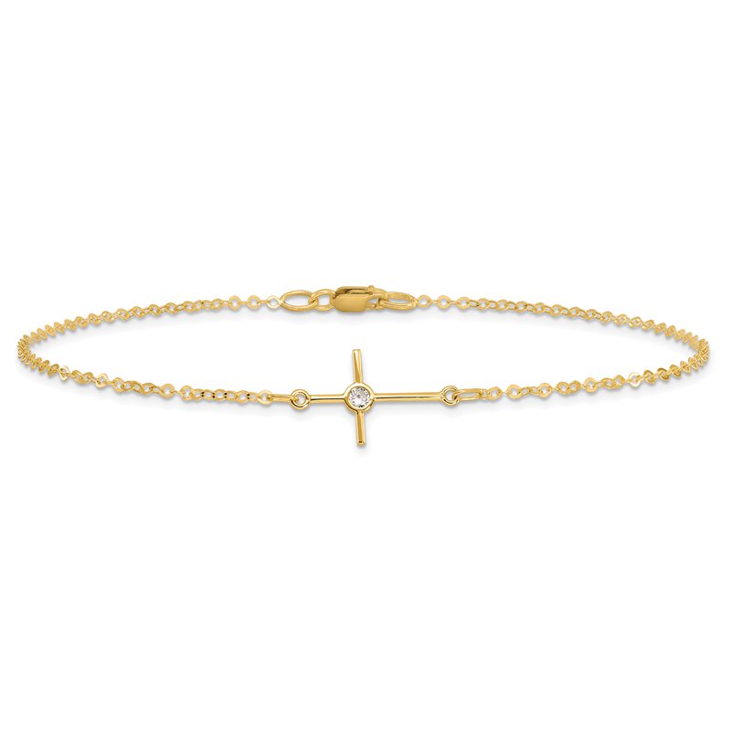 14K Polished CZ Cross Anklet