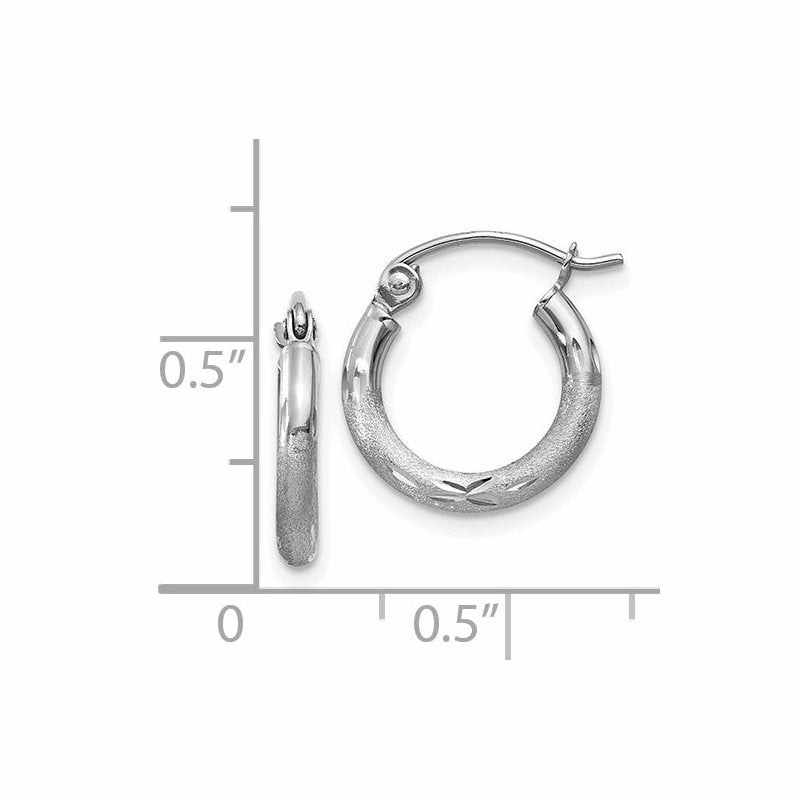 14k White Gold Satin and Diamond-cut 2mm Round Hoop Earrings
