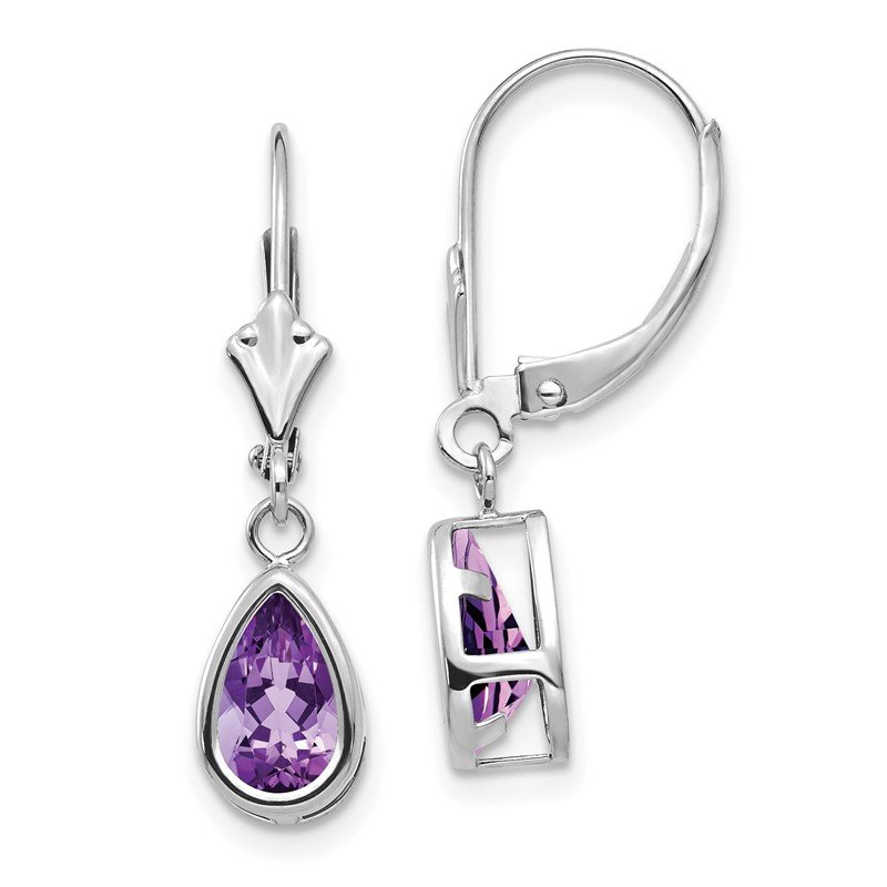 14k White Gold 8x5mm Pear Amethyst Bezel Leverback Dangle Earrings