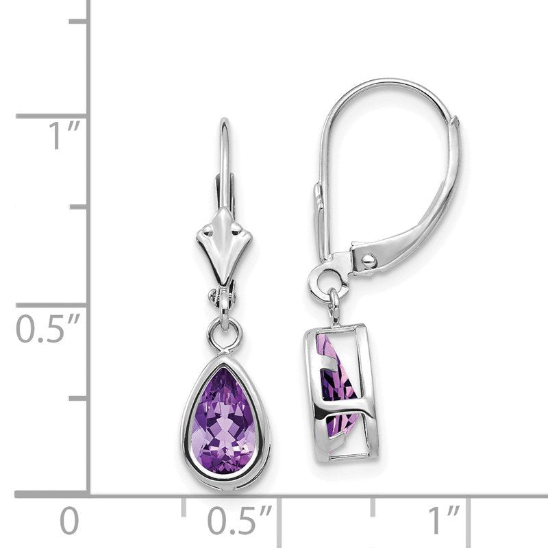 14k White Gold 8x5mm Pear Amethyst Bezel Leverback Dangle Earrings