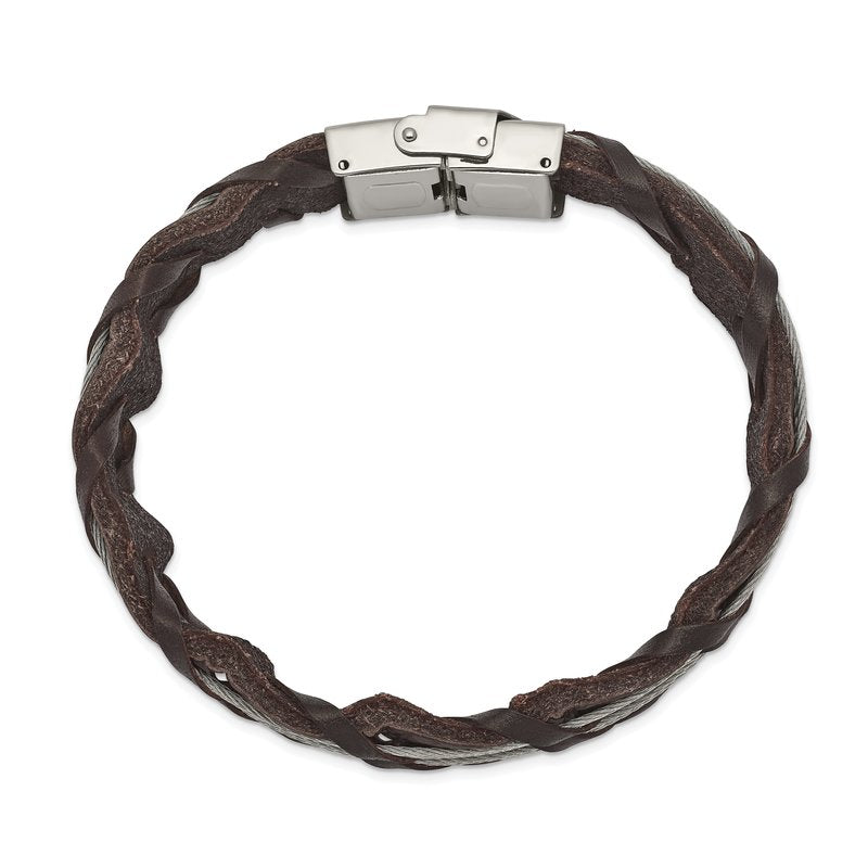 Stainless Steel Polished Cable and Brown Leather 8.5 inch Bracelet