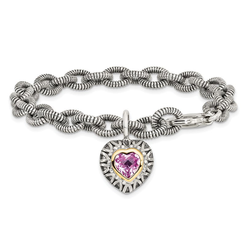 Sterling Silver with 14K Accent 7.5 Inch Antiqued Heart Bezel Created Pink Sapphire Heart Charm Bracelet