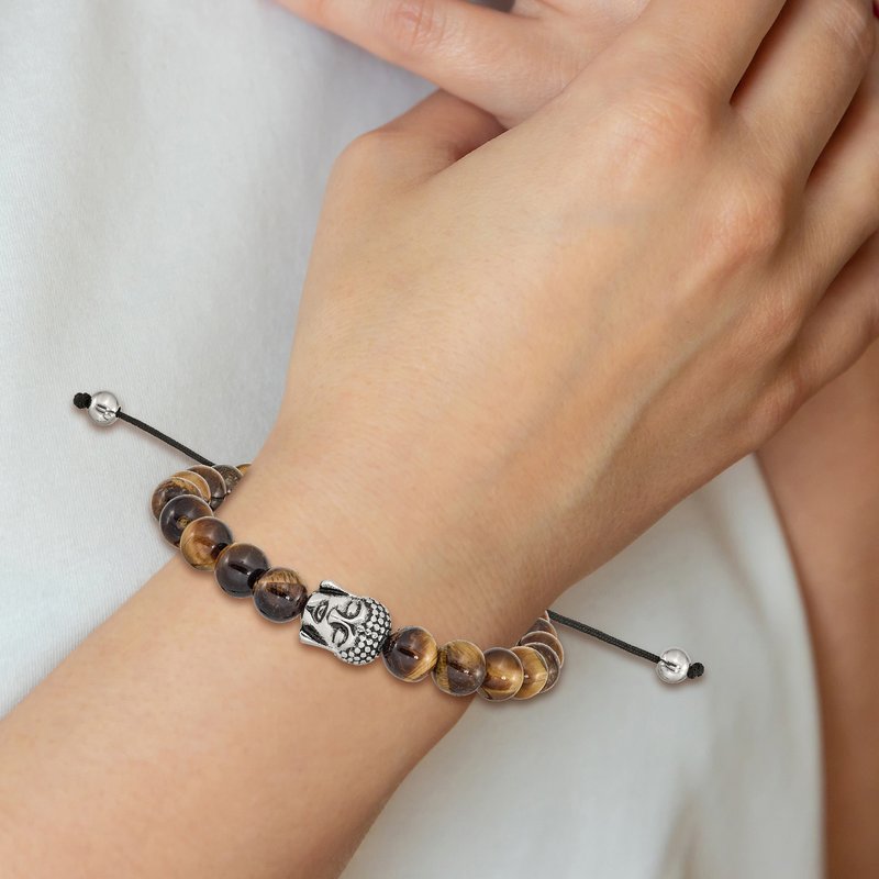 Stainless Steel Antiqued and Polished Tiger's Eye Buddha Black Macrame Adjustable Bracelet
