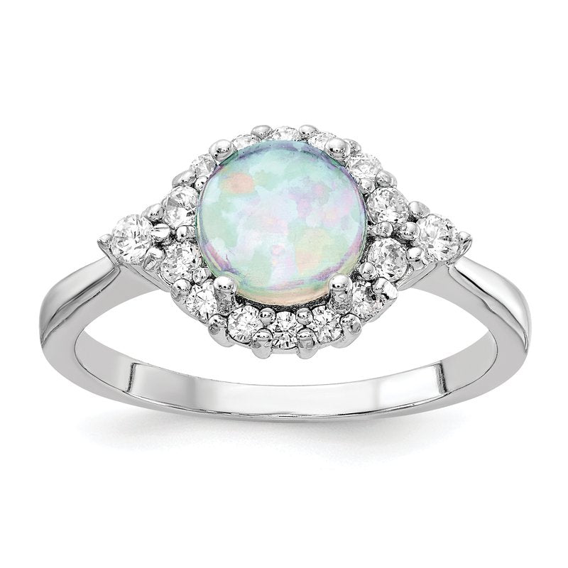 Sterling Silver Rhodium-plated Cabochon Lab Created Opal and Brilliant-cut CZ Ring