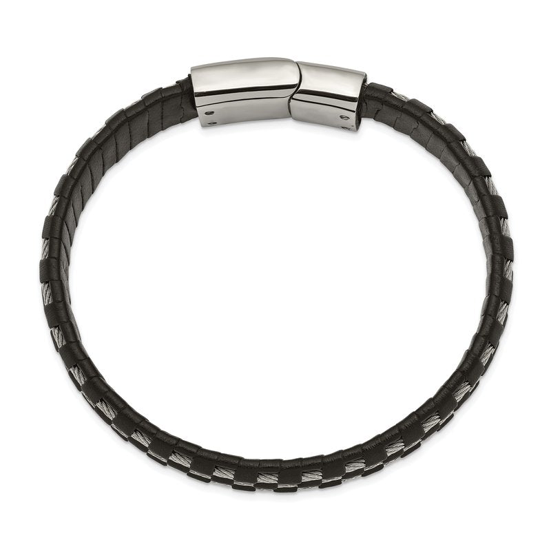 Stainless Steel Polished Wire Cable and Black Leather 8.5 inch Bracelet