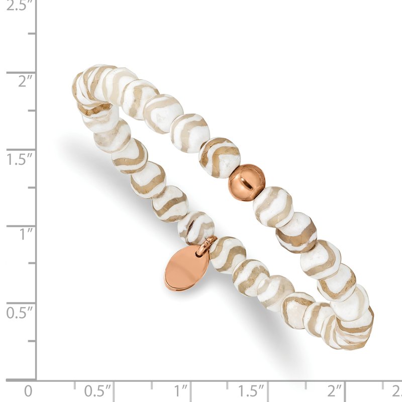 Stainless Steel Polished Rose IP-plated 6mm White Wave Agate Beaded Stretch Bracelet