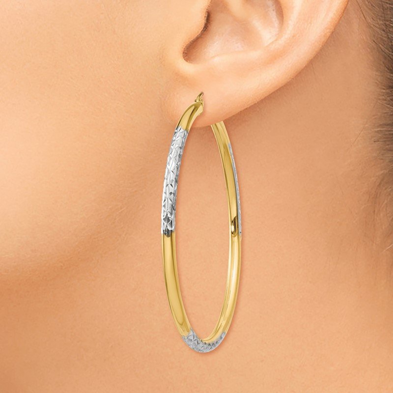 14K and Rhodium Diamond-cut 3x55mm Hoop Earrings