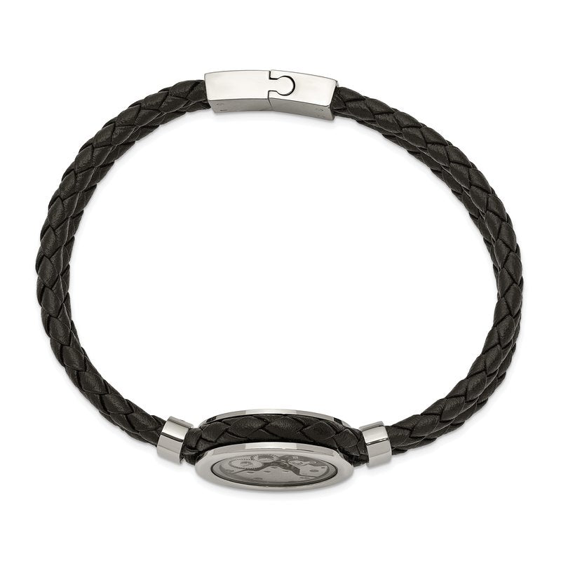 Stainless Steel Brushed and Polished Yellow IP-palted with CZ Black Braided Leather 8.5 inch Bracelet