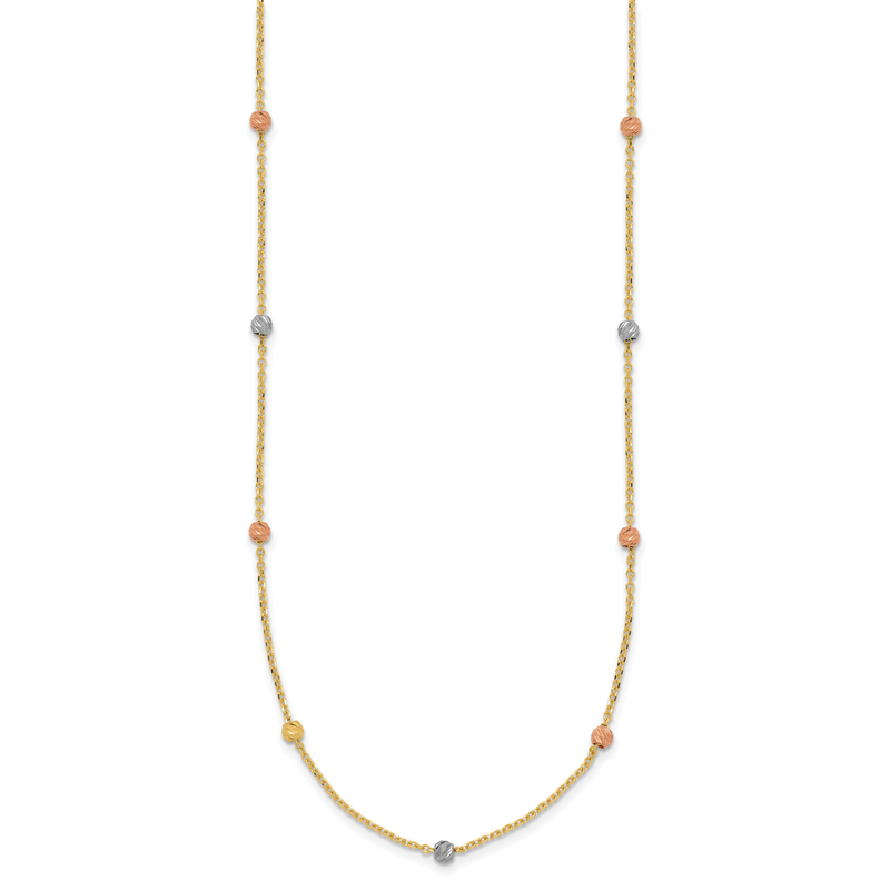 14k Tri-color Polished Diamond-cut Beads 18 inch Station Necklace