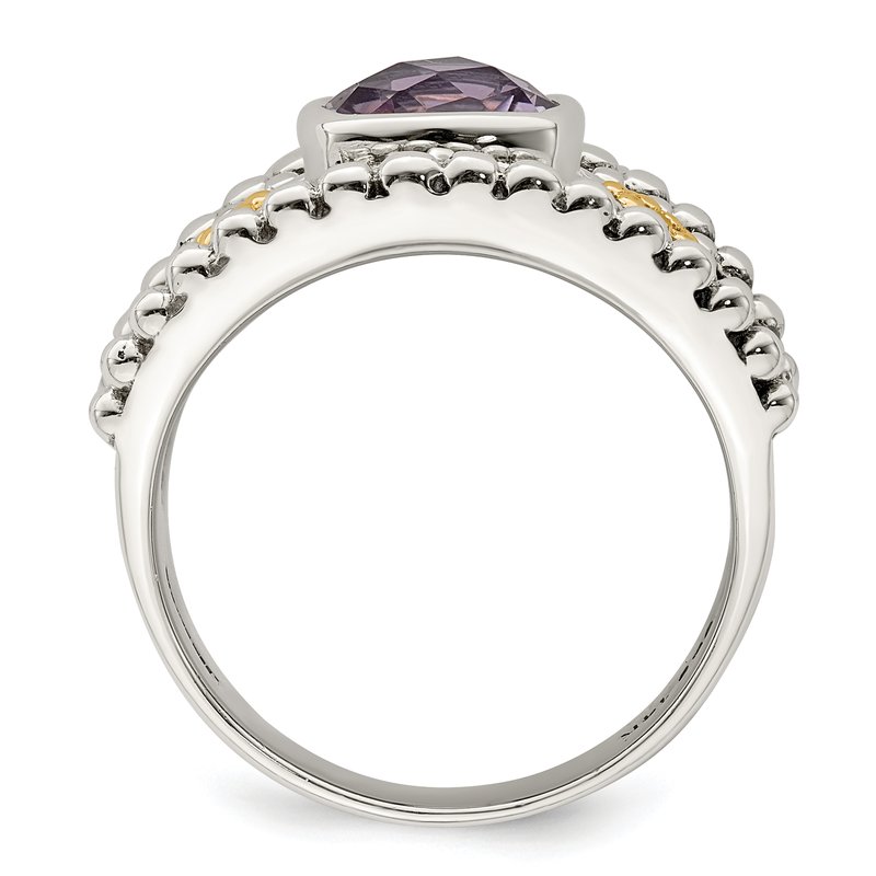 Sterling Silver with 14K Accent Antiqued Checkerboard-cut Cushion Bezel Amethyst Ring