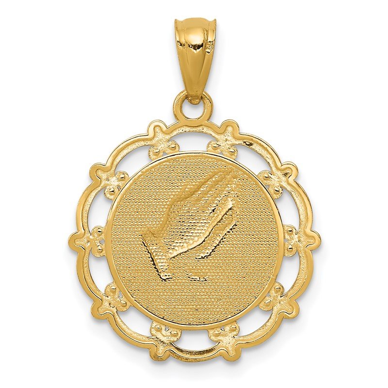 14K and White Rhodium BAPTISM with Praying Hands Scalloped Edge Round Pendant