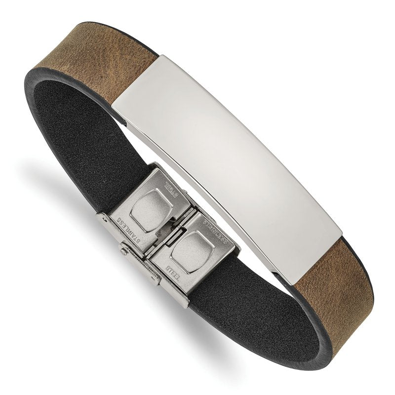 Stainless Steel Polished Black and Brown Leather 8.25 inch ID Bracelet
