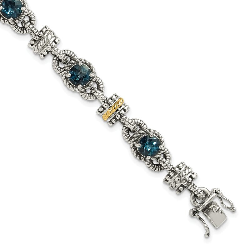 Sterling Silver with 14K Accent 7.25 Inch Antiqued Round London Blue Topaz Bracelet